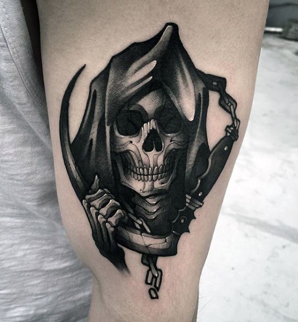 Illustrative style black and white arm tattoo of Grimm reaper