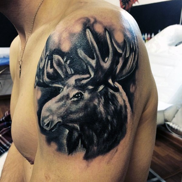 Illustrative style black and white shoulder tattoo of big elk