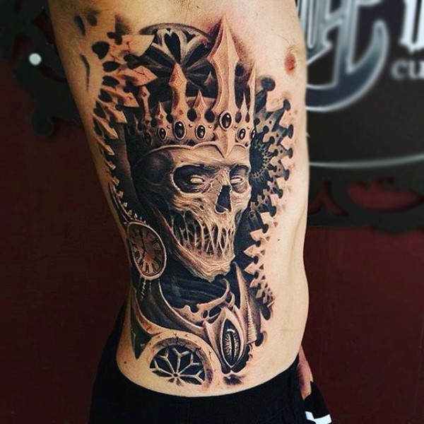 Illustrative style black and white side tattoo of monster king