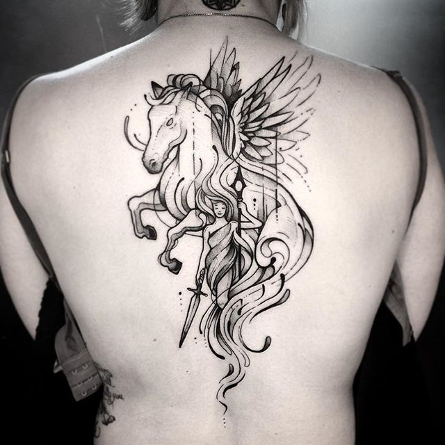 Illustrative style black ink back tattoo of pegasus horse with fantasy woman warrior