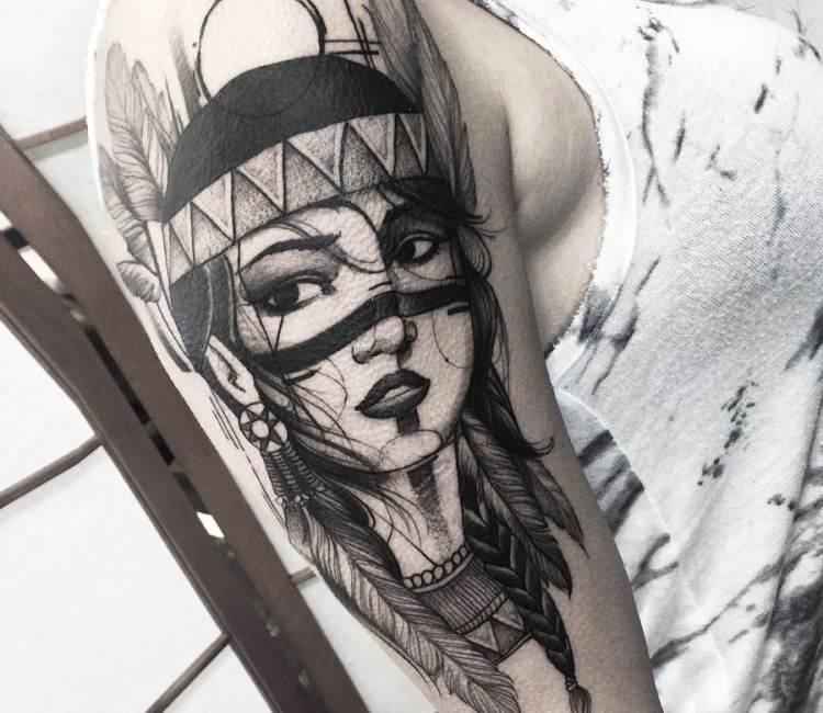 Illustrative style black ink shoulder tattoo of Indian woman