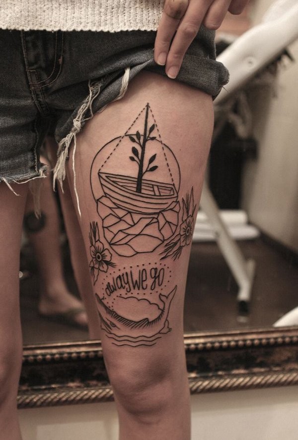 Illustrative style black ink thigh tattoo of large ship with lettering