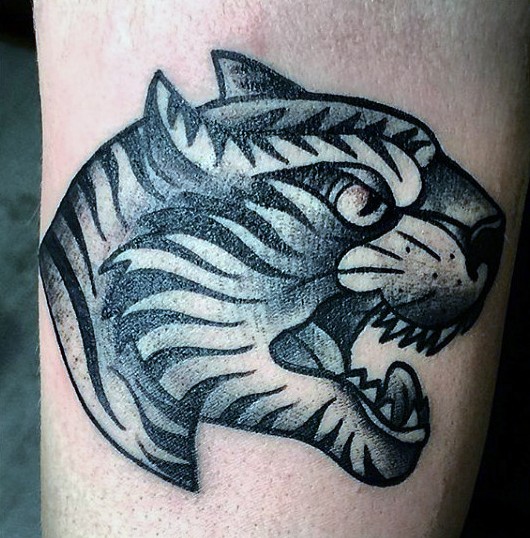 Illustrative style black ink tiger head tattoo