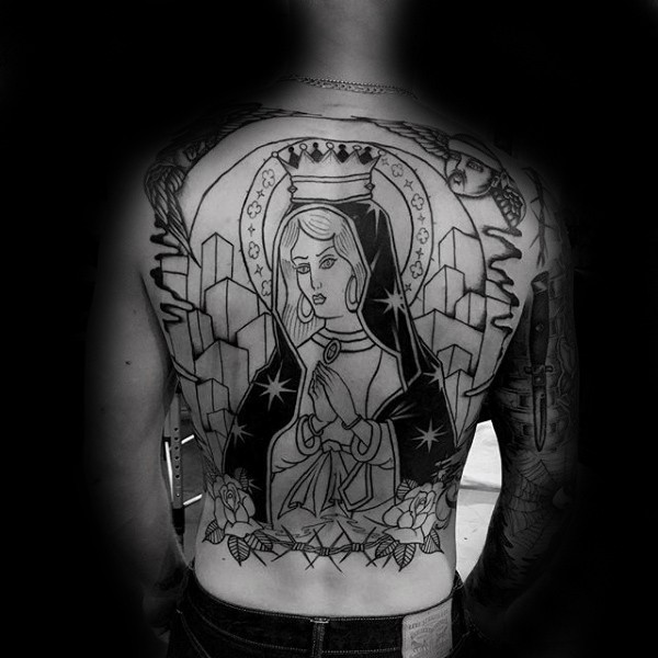 Illustrative style black ink whole back tattoo of saint praying woman with flowers