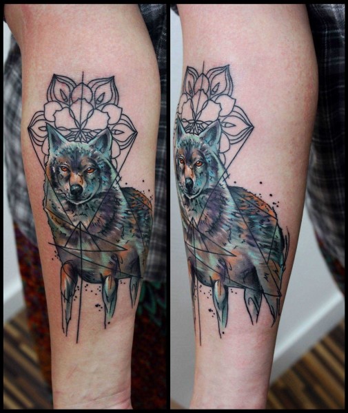 Illustrative style colored arm tattoo of big wolf with ornamental flower