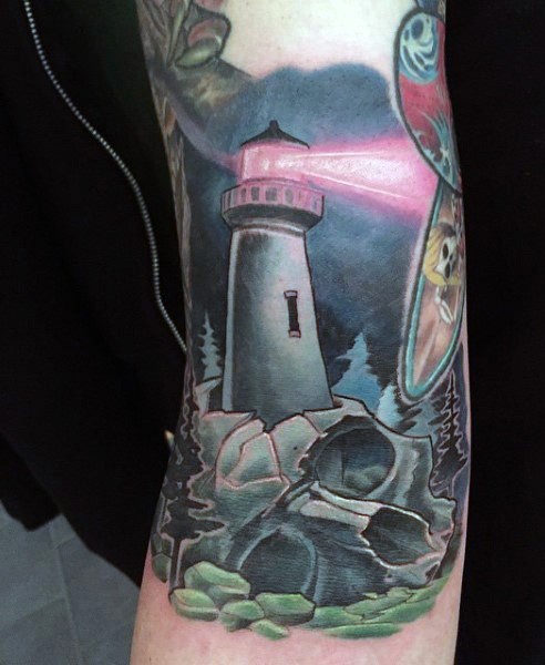 Illustrative style colored arm tattoo of lighthouse with skull and pink beam