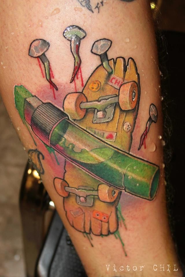 Illustrative style colored arm tattoo of ink marker with skateboard
