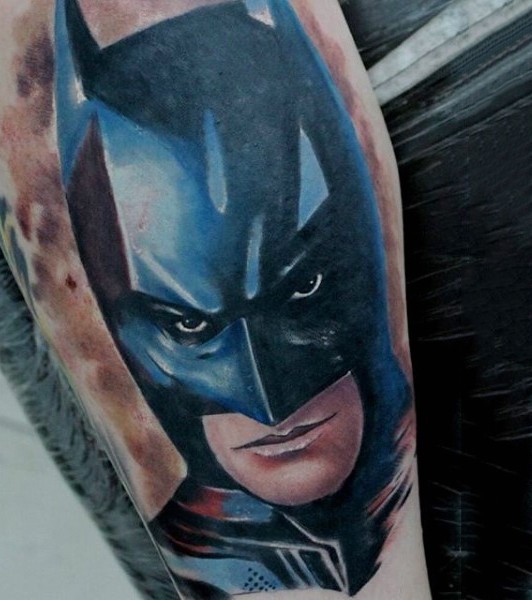 Illustrative style colored arm tattoo of Batman