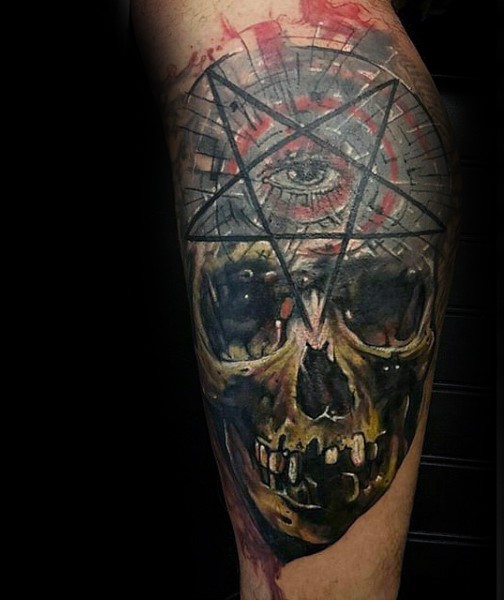 Illustrative style colored arm tattoo of human skull with dark star