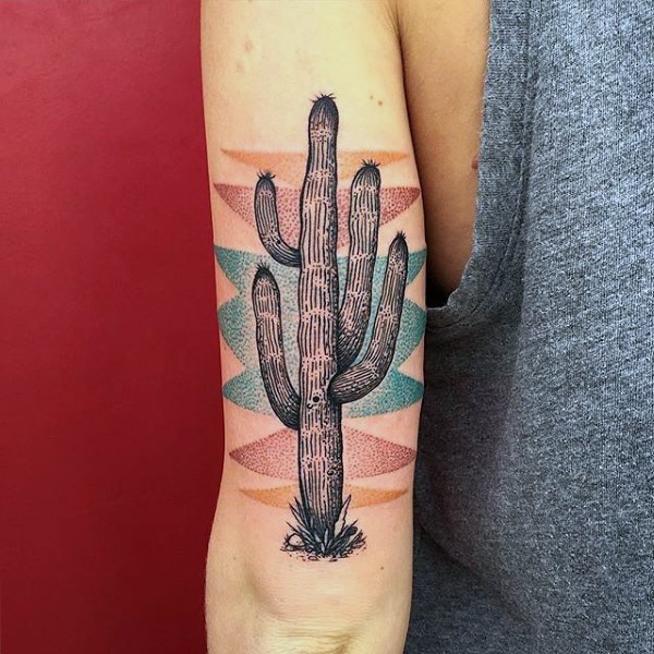 Illustrative style colored arm tattoo of big cactus