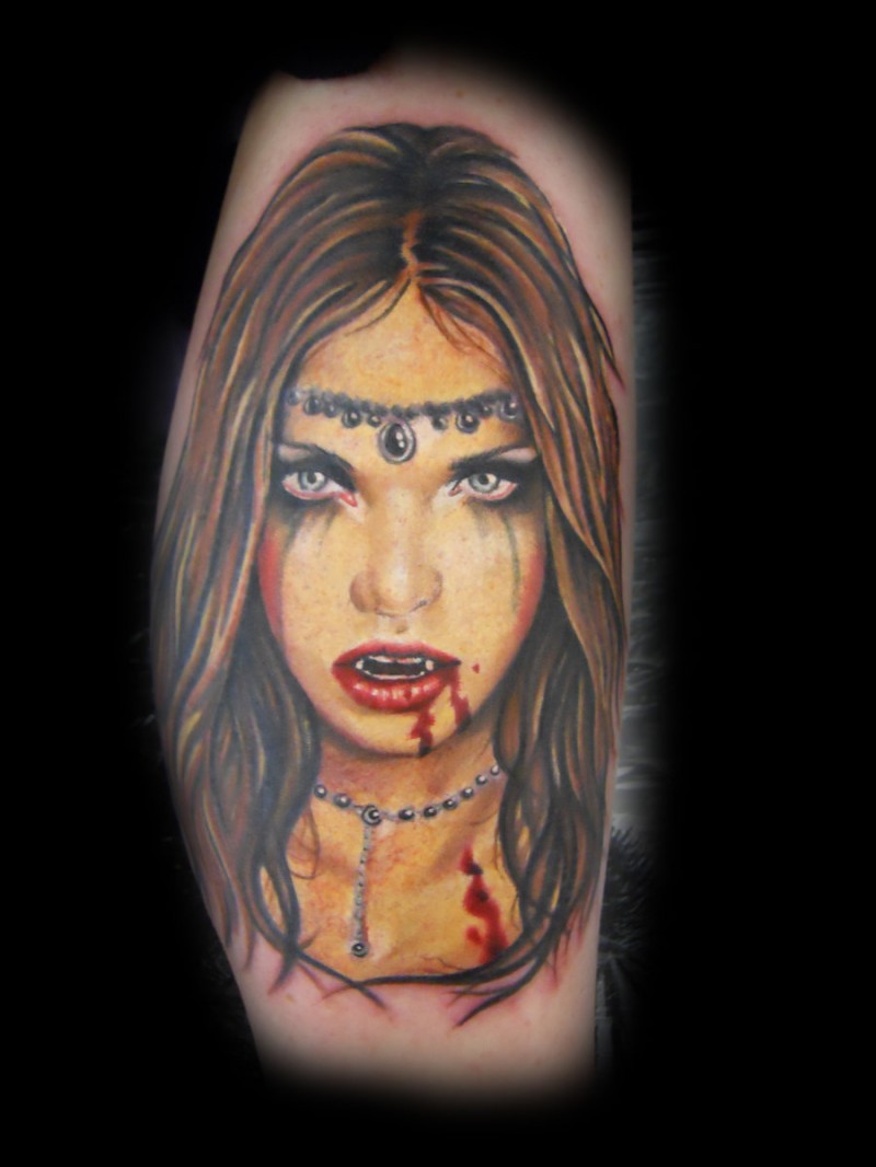 Illustrative style colored arm tattoo of bloody vampire woman
