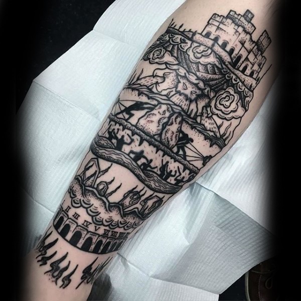Illustrative style colored arm tattoo of castle with interesting painting