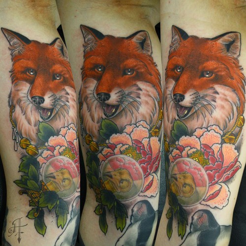 Illustrative style colored arm tattoo of fox with flowers