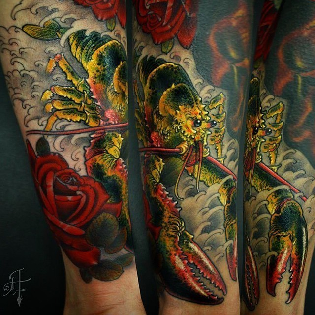 Illustrative style colored arm tattoo of big crayfish with roses