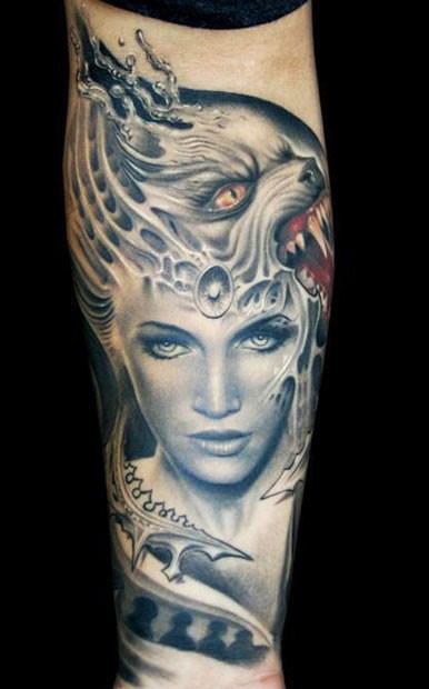 Illustrative style colored arm tattoo of woman with demonic helmet