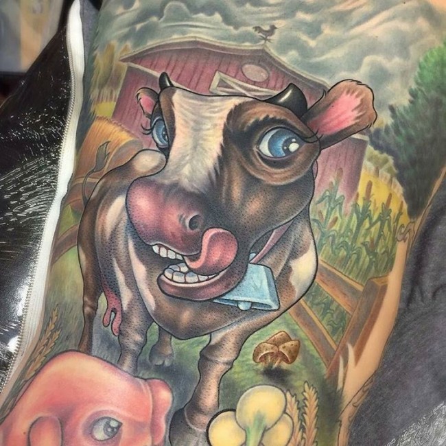Illustrative style colored arm tattoo of funny cow on farm