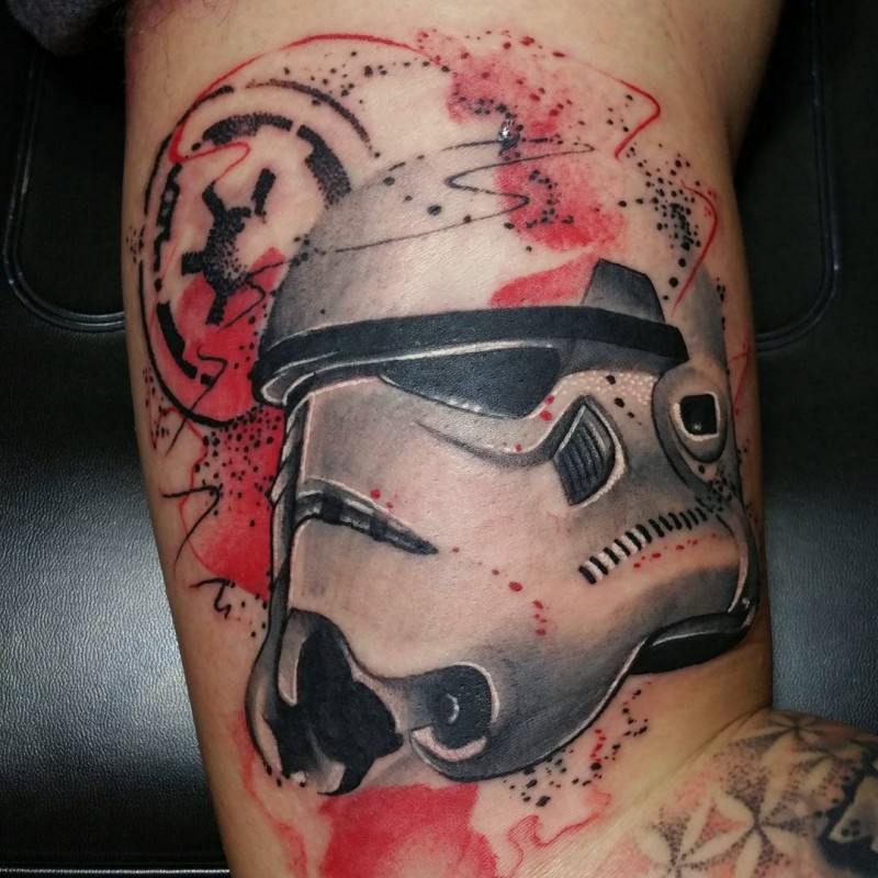 Illustrative style colored arm tattoo of Storm Troopers helmet