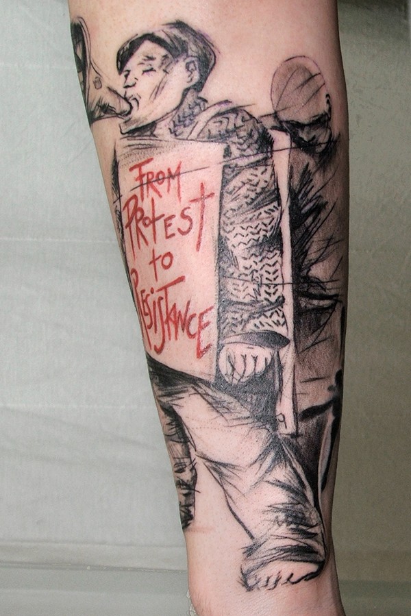 Illustrative style colored arm tattoo of creepy man with lettering