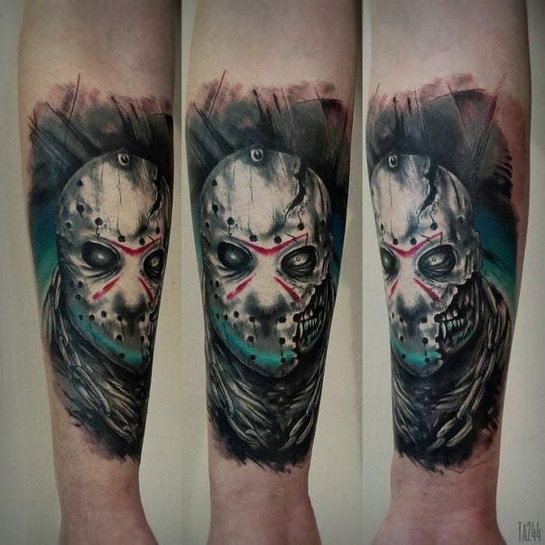 Illustrative style colored arm tattoo of creepy monster face