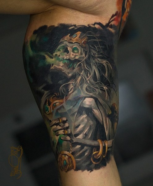 Illustrative style colored arm tattoo of fantasy evil skeleton king