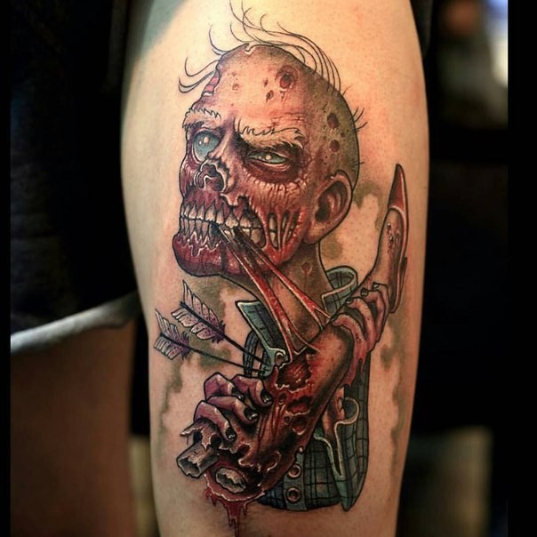 Illustrative style colored arm tattoo of zombie with human leg and arrows