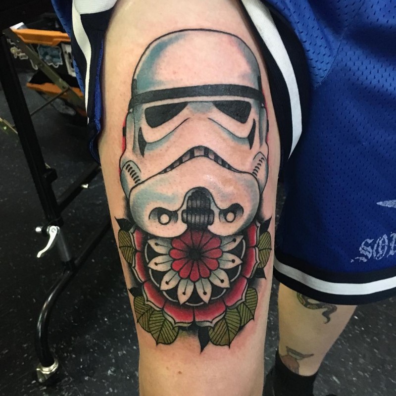 Illustrative style colored arm tattoo of Storm trooper with flower