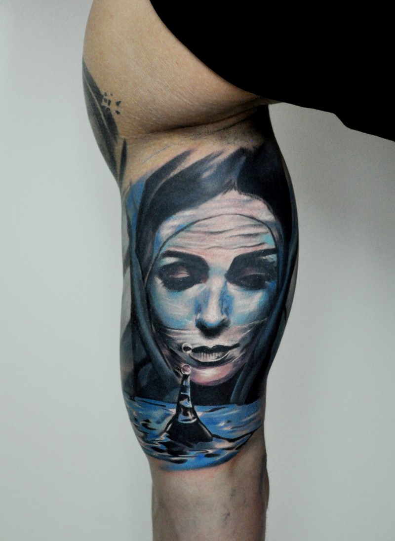 Illustrative style colored arm tattoo of mystical woman with sea beacon