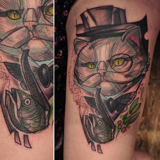 Illustrative style colored arm tattoo of cat with smoking pipe