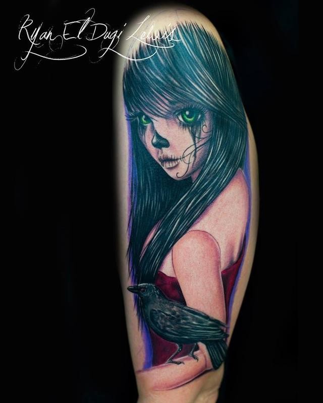 Illustrative style colored arm tattoo of beautiful woman with crow