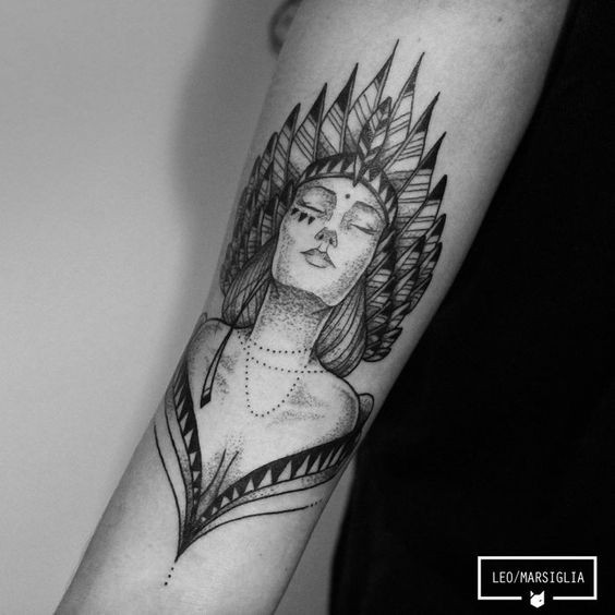 Illustrative style colored arm tattoo of Indian woman