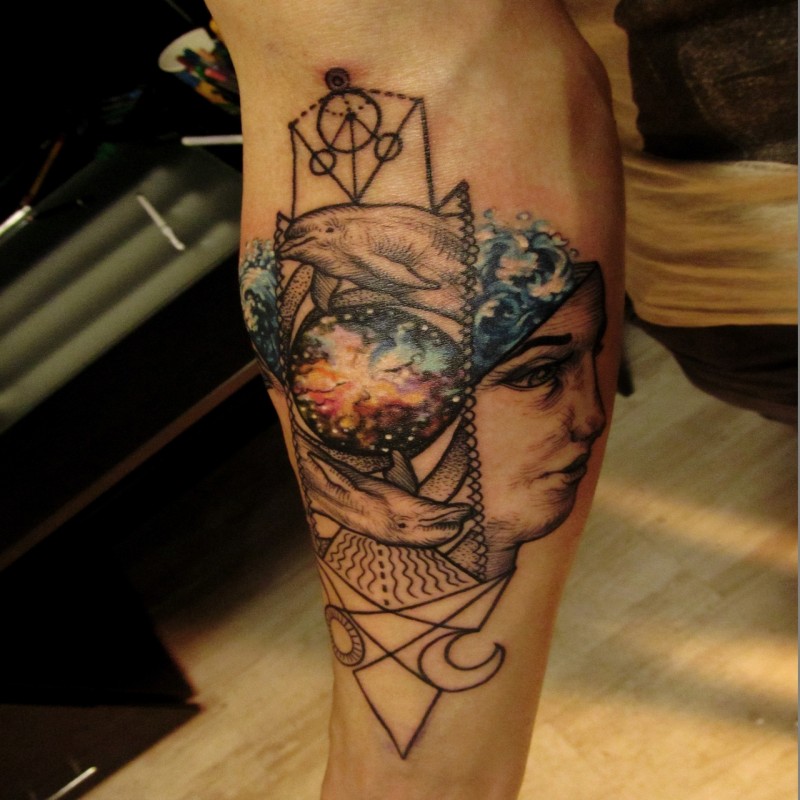 Illustrative style colored arm tattoo of mysterious woman face with ornaments