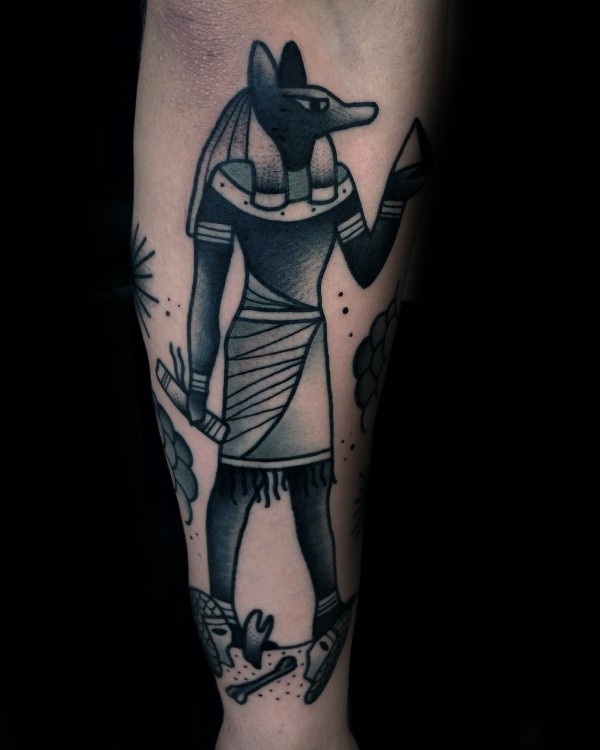 Illustrative style colored arm tattoo of Egypt God statue