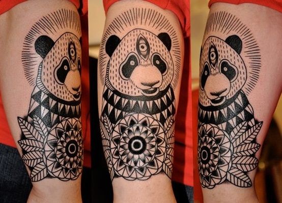 Illustrative style colored arm tattoo of big panda with flowers
