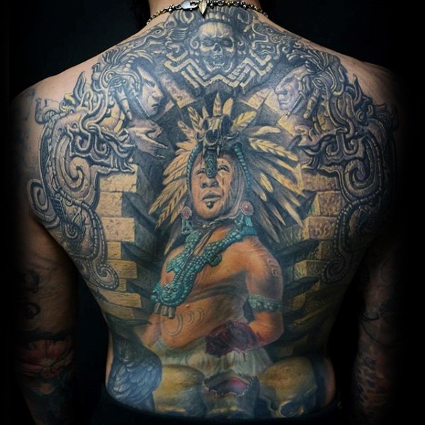 Illustrative style colored back tattoo of ancient Aztec man with sculptures