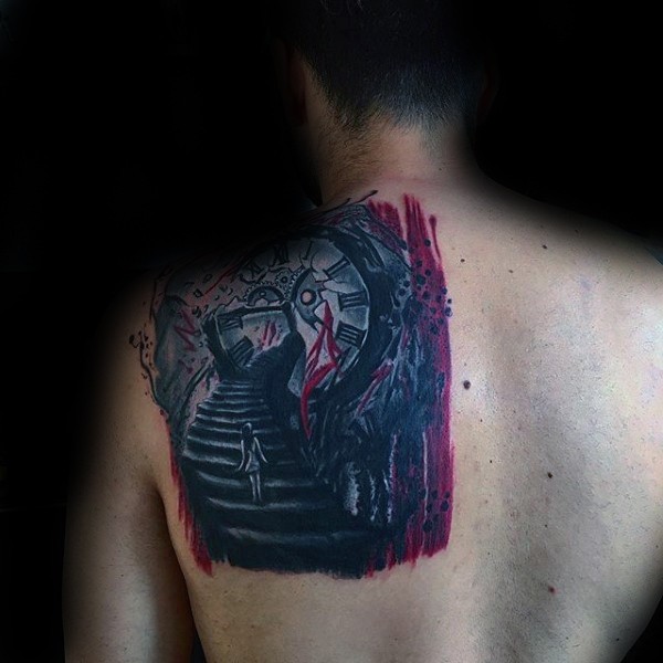 Illustrative style colored back tattoo of mystical stairs with girl and clock