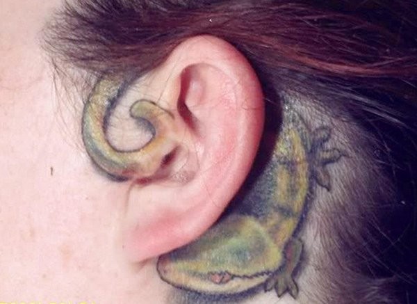 Illustrative style colored behind ear tattoo on small lizard