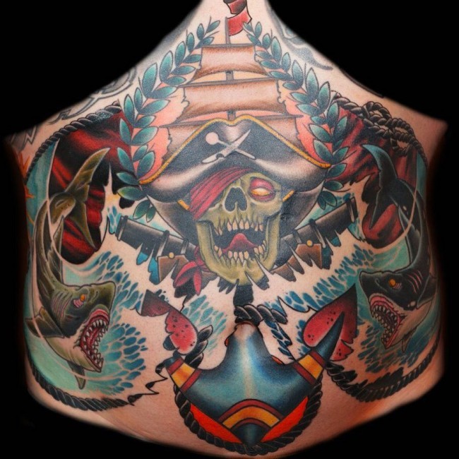 Illustrative style colored belly tattoo of pirate skeleton with sharks and anchor