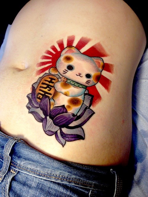 Illustrative style colored belly tattoo of awesome maneki neko japanese lucky cat with lotus flower with golden tablet