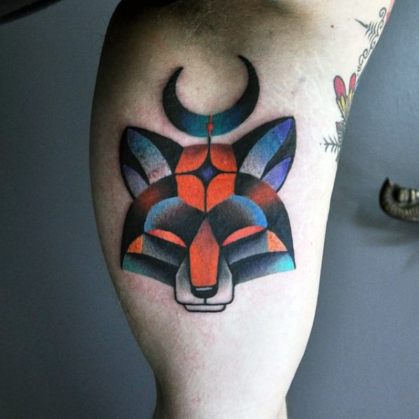 Illustrative style colored biceps tattoo of small fox head