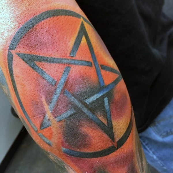 Illustrative style colored biceps tattoo of devils star