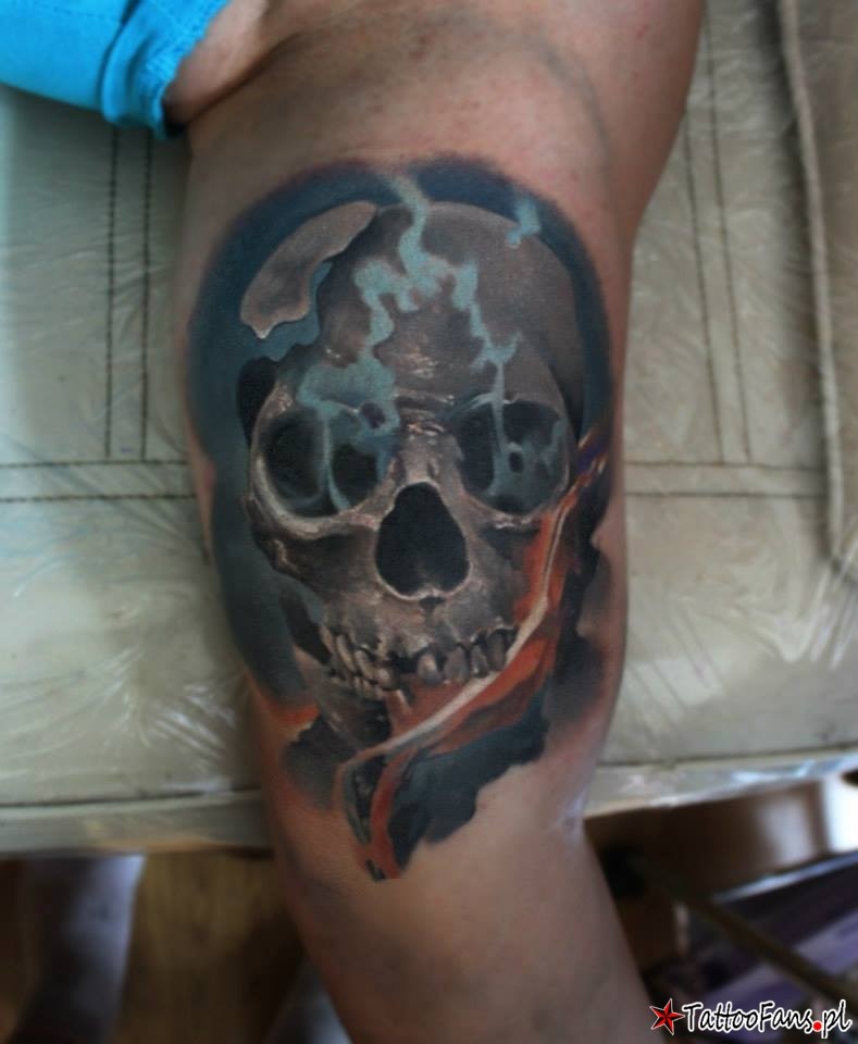 Illustrative style colored biceps tattoo of human skull with smoke