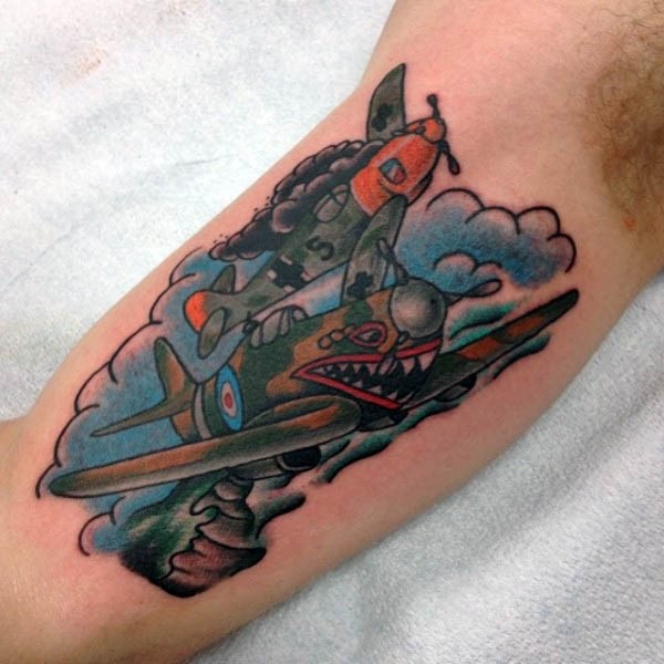 Illustrative style colored biceps tattoo of fighter planes