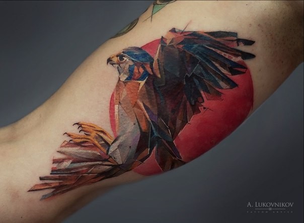 Illustrative style colored biceps tattoo of flying eagle
