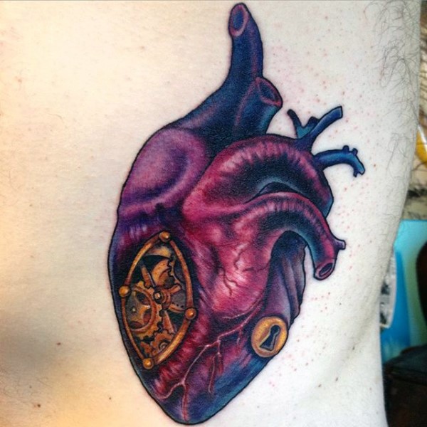Illustrative style colored big human heart with mechanisms tattoo on back