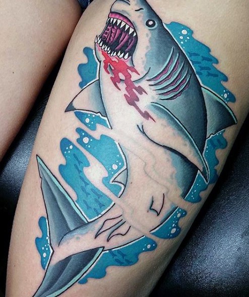 Illustrative style colored bloody shark tattoo on thigh