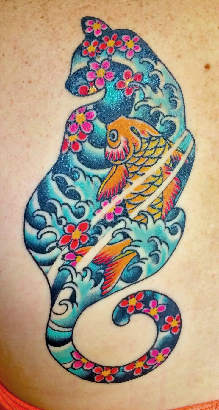 Illustrative style colored cat shaped tattoo stylized with carp fish and flowers