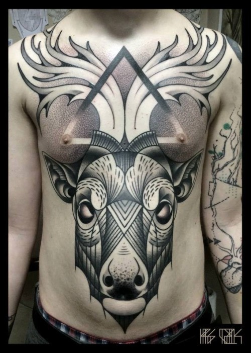 Illustrative style colored chest and belly tattoo of deer with triangle