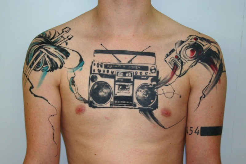 Illustrative style colored chest and shoulders tattoo of old record player