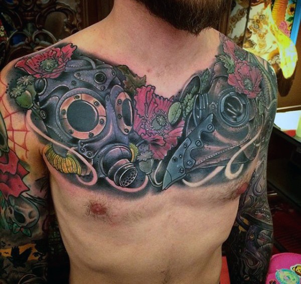 Illustrative style colored chest tattoo of interesting shaped gas masks