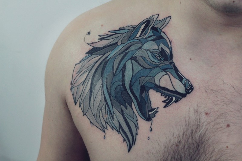 Illustrative style colored chest tattoo of creepy wolf